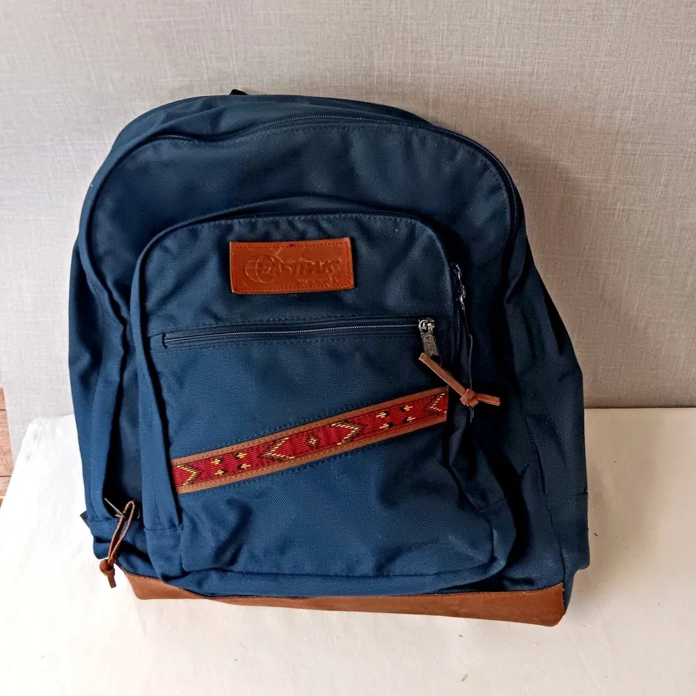 Vintage 90s Eastpak Suede Leather Bottom Blue Aztec Made In USA School Hiking